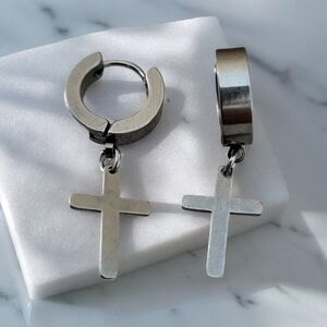 Unisex Stainless Steel Cross Hoop Earrings NWT